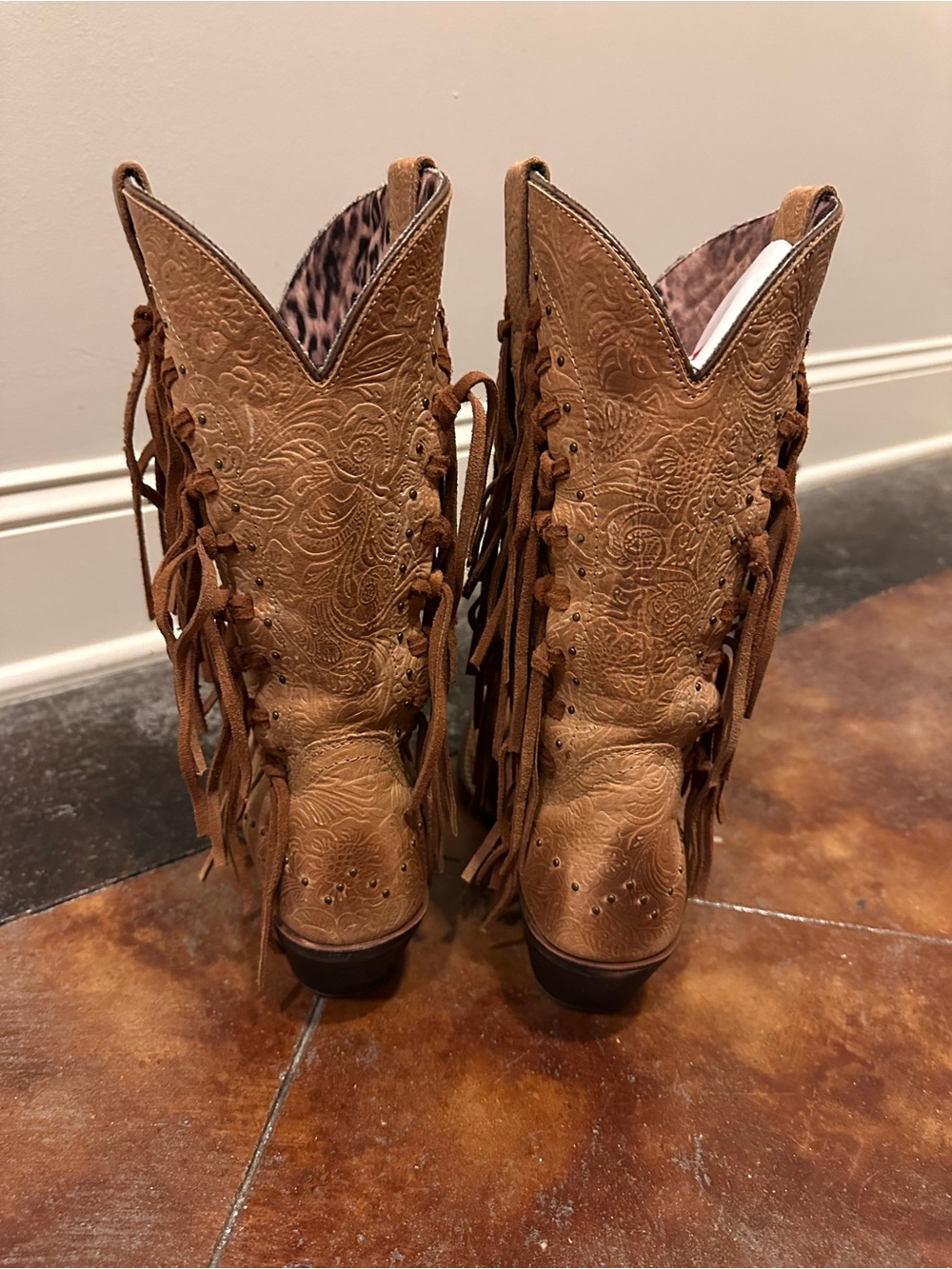 Laredo Women’s Fringe Tan Cowboy Boots Lined with Leopard - Picture 6 of 7